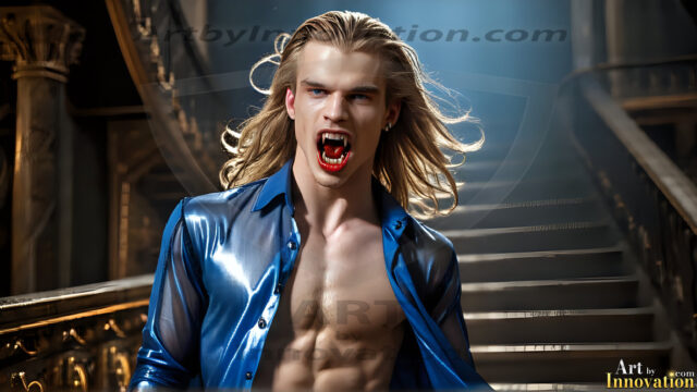 The Vampire Lestat de Lioncourt, created by Anne Rice, is a fascinating and complex character in The Vampire Chronicles novels. He's known for his captivating blend of vampiric existence and a lingering humanity. From Interview with a Vampire, The Vampire Lestat, and Queen of the Damned novels. I've created a series of images that I feel represent the man behind the vampire. In the midst of the darkness, a scary figure emerges with an aura of power and magnetism. Around his neck, a bold silver necklace glimmers, adding a touch of regal elegance to his dark ensemble. His lips, a vivid shade of red, open slightly to reveal his true nature, as he reveals his fangs, and a predatory grin from his stunningly handsome face, hinting at his primal nature. Strands of hair cascade around his face, capturing the silvery glow of the bright moonlight, and adding a touch of mystery to his intense visage, as they blow back in the wind.