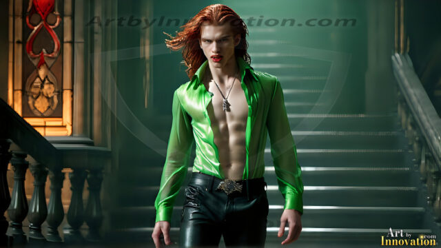 The Vampire Lestat de Lioncourt, created by Anne Rice, is a fascinating and complex character in The Vampire Chronicles novels. He's known for his captivating blend of vampiric existence and a lingering humanity. From Interview with a Vampire, The Vampire Lestat, and Queen of the Damned novels. I've created a series of images that I feel represent the man behind the vampire. In the midst of the darkness, a scary figure emerges with an aura of power and magnetism. Around his neck, a bold silver necklace glimmers, adding a touch of regal elegance to his dark ensemble. His lips, a vivid shade of red, open slightly to reveal his true nature, as he reveals his fangs, and a predatory grin from his stunningly handsome face, hinting at his primal nature. Strands of hair cascade around his face, capturing the silvery glow of the bright moonlight, and adding a touch of mystery to his intense visage, as they blow back in the wind.