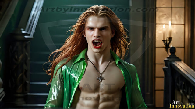 The Vampire Lestat de Lioncourt, created by Anne Rice, is a fascinating and complex character in The Vampire Chronicles novels. He's known for his captivating blend of vampiric existence and a lingering humanity. From Interview with a Vampire, The Vampire Lestat, and Queen of the Damned novels. I've created a series of images that I feel represent the man behind the vampire. In the midst of the darkness, a scary figure emerges with an aura of power and magnetism. Around his neck, a bold silver necklace glimmers, adding a touch of regal elegance to his dark ensemble. His lips, a vivid shade of red, open slightly to reveal his true nature, as he reveals his fangs, and a predatory grin from his stunningly handsome face, hinting at his primal nature. Strands of hair cascade around his face, capturing the silvery glow of the bright moonlight, and adding a touch of mystery to his intense visage, as they blow back in the wind.