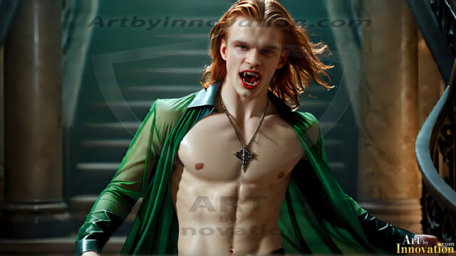 The Vampire Lestat de Lioncourt, created by Anne Rice, is a fascinating and complex character in The Vampire Chronicles novels. He's known for his captivating blend of vampiric existence and a lingering humanity. From Interview with a Vampire, The Vampire Lestat, and Queen of the Damned novels. I've created a series of images that I feel represent the man behind the vampire. In the midst of the darkness, a scary figure emerges with an aura of power and magnetism. Around his neck, a bold silver necklace glimmers, adding a touch of regal elegance to his dark ensemble. His lips, a vivid shade of red, open slightly to reveal his true nature, as he reveals his fangs, and a predatory grin from his stunningly handsome face, hinting at his primal nature. Strands of hair cascade around his face, capturing the silvery glow of the bright moonlight, and adding a touch of mystery to his intense visage, as they blow back in the wind.