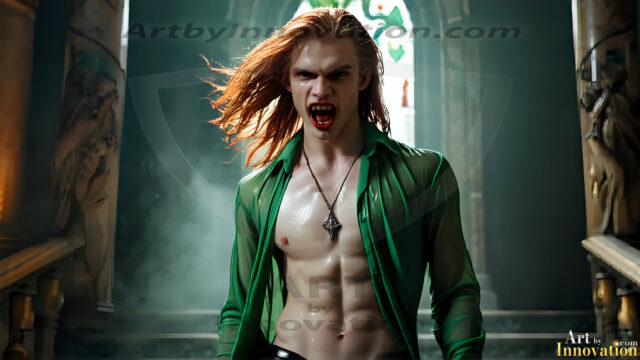 The Vampire Lestat de Lioncourt, created by Anne Rice, is a fascinating and complex character in The Vampire Chronicles novels. He's known for his captivating blend of vampiric existence and a lingering humanity. From Interview with a Vampire, The Vampire Lestat, and Queen of the Damned novels. I've created a series of images that I feel represent the man behind the vampire. In the midst of the darkness, a scary figure emerges with an aura of power and magnetism. Around his neck, a bold silver necklace glimmers, adding a touch of regal elegance to his dark ensemble. His lips, a vivid shade of red, open slightly to reveal his true nature, as he reveals his fangs, and a predatory grin from his stunningly handsome face, hinting at his primal nature. Strands of hair cascade around his face, capturing the silvery glow of the bright moonlight, and adding a touch of mystery to his intense visage, as they blow back in the wind.