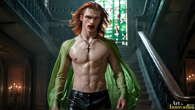 The Vampire Lestat de Lioncourt, created by Anne Rice, is a fascinating and complex character in The Vampire Chronicles novels. He's known for his captivating blend of vampiric existence and a lingering humanity. From Interview with a Vampire, The Vampire Lestat, and Queen of the Damned novels. I've created a series of images that I feel represent the man behind the vampire. In the midst of the darkness, a scary figure emerges with an aura of power and magnetism. Around his neck, a bold silver necklace glimmers, adding a touch of regal elegance to his dark ensemble. His lips, a vivid shade of red, open slightly to reveal his true nature, as he reveals his fangs, and a predatory grin from his stunningly handsome face, hinting at his primal nature. Strands of hair cascade around his face, capturing the silvery glow of the bright moonlight, and adding a touch of mystery to his intense visage, as they blow back in the wind.