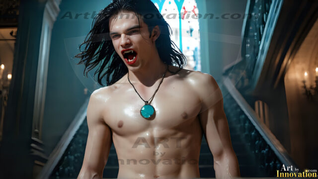 The Vampire Lestat de Lioncourt, created by Anne Rice, is a fascinating and complex character in The Vampire Chronicles novels. He's known for his captivating blend of vampiric existence and a lingering humanity. From Interview with a Vampire, The Vampire Lestat, and Queen of the Damned novels. I've created a series of images that I feel represent the man behind the vampire. In the midst of the darkness, a scary figure emerges with an aura of power and magnetism. Around his neck, a bold silver necklace glimmers, adding a touch of regal elegance to his dark ensemble. His lips, a vivid shade of red, open slightly to reveal his true nature, as he reveals his fangs, and a predatory grin from his stunningly handsome face, hinting at his primal nature. Strands of hair cascade around his face, capturing the silvery glow of the bright moonlight, and adding a touch of mystery to his intense visage, as they blow back in the wind.