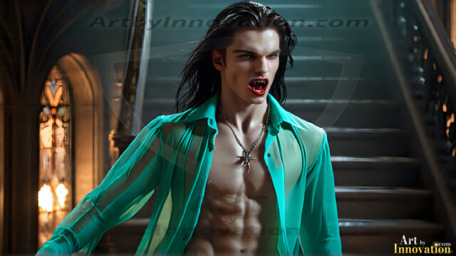 The Vampire Lestat de Lioncourt, created by Anne Rice, is a fascinating and complex character in The Vampire Chronicles novels. He's known for his captivating blend of vampiric existence and a lingering humanity. From Interview with a Vampire, The Vampire Lestat, and Queen of the Damned novels. I've created a series of images that I feel represent the man behind the vampire. In the midst of the darkness, a scary figure emerges with an aura of power and magnetism. Around his neck, a bold silver necklace glimmers, adding a touch of regal elegance to his dark ensemble. His lips, a vivid shade of red, open slightly to reveal his true nature, as he reveals his fangs, and a predatory grin from his stunningly handsome face, hinting at his primal nature. Strands of hair cascade around his face, capturing the silvery glow of the bright moonlight, and adding a touch of mystery to his intense visage, as they blow back in the wind.