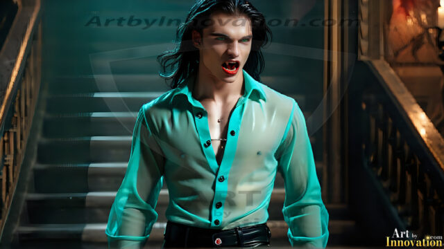 The Vampire Lestat de Lioncourt, created by Anne Rice, is a fascinating and complex character in The Vampire Chronicles novels. He's known for his captivating blend of vampiric existence and a lingering humanity. From Interview with a Vampire, The Vampire Lestat, and Queen of the Damned novels. I've created a series of images that I feel represent the man behind the vampire. In the midst of the darkness, a scary figure emerges with an aura of power and magnetism. Around his neck, a bold silver necklace glimmers, adding a touch of regal elegance to his dark ensemble. His lips, a vivid shade of red, open slightly to reveal his true nature, as he reveals his fangs, and a predatory grin from his stunningly handsome face, hinting at his primal nature. Strands of hair cascade around his face, capturing the silvery glow of the bright moonlight, and adding a touch of mystery to his intense visage, as they blow back in the wind.