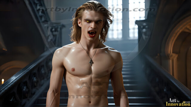 The Vampire Lestat de Lioncourt, created by Anne Rice, is a fascinating and complex character in The Vampire Chronicles novels. He's known for his captivating blend of vampiric existence and a lingering humanity. From Interview with a Vampire, The Vampire Lestat, and Queen of the Damned novels. I've created a series of images that I feel represent the man behind the vampire. In the midst of the darkness, a scary figure emerges with an aura of power and magnetism. Around his neck, a bold silver necklace glimmers, adding a touch of regal elegance to his dark ensemble. His lips, a vivid shade of red, open slightly to reveal his true nature, as he reveals his fangs, and a predatory grin from his stunningly handsome face, hinting at his primal nature. Strands of hair cascade around his face, capturing the silvery glow of the bright moonlight, and adding a touch of mystery to his intense visage, as they blow back in the wind.