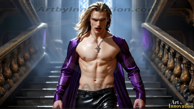 The Vampire Lestat de Lioncourt, created by Anne Rice, is a fascinating and complex character in The Vampire Chronicles novels. He's known for his captivating blend of vampiric existence and a lingering humanity. From Interview with a Vampire, The Vampire Lestat, and Queen of the Damned novels. I've created a series of images that I feel represent the man behind the vampire. In the midst of the darkness, a scary figure emerges with an aura of power and magnetism. Around his neck, a bold silver necklace glimmers, adding a touch of regal elegance to his dark ensemble. His lips, a vivid shade of red, open slightly to reveal his true nature, as he reveals his fangs, and a predatory grin from his stunningly handsome face, hinting at his primal nature. Strands of hair cascade around his face, capturing the silvery glow of the bright moonlight, and adding a touch of mystery to his intense visage, as they blow back in the wind.