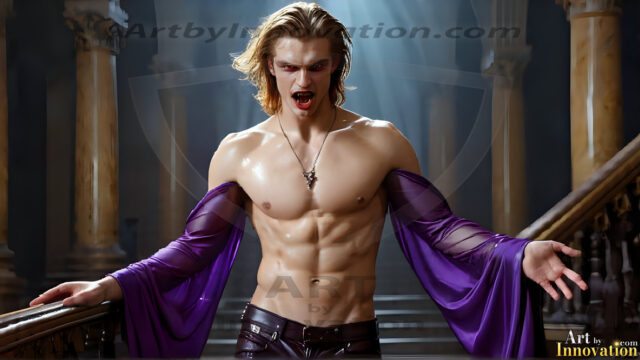 The Vampire Lestat de Lioncourt, created by Anne Rice, is a fascinating and complex character in The Vampire Chronicles novels. He's known for his captivating blend of vampiric existence and a lingering humanity. From Interview with a Vampire, The Vampire Lestat, and Queen of the Damned novels. I've created a series of images that I feel represent the man behind the vampire. In the midst of the darkness, a scary figure emerges with an aura of power and magnetism. Around his neck, a bold silver necklace glimmers, adding a touch of regal elegance to his dark ensemble. His lips, a vivid shade of red, open slightly to reveal his true nature, as he reveals his fangs, and a predatory grin from his stunningly handsome face, hinting at his primal nature. Strands of hair cascade around his face, capturing the silvery glow of the bright moonlight, and adding a touch of mystery to his intense visage, as they blow back in the wind.