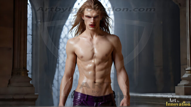 The Vampire Lestat de Lioncourt, created by Anne Rice, is a fascinating and complex character in The Vampire Chronicles novels. He's known for his captivating blend of vampiric existence and a lingering humanity. From Interview with a Vampire, The Vampire Lestat, and Queen of the Damned novels. I've created a series of images that I feel represent the man behind the vampire. In the midst of the darkness, a scary figure emerges with an aura of power and magnetism. Around his neck, a bold silver necklace glimmers, adding a touch of regal elegance to his dark ensemble. His lips, a vivid shade of red, open slightly to reveal his true nature, as he reveals his fangs, and a predatory grin from his stunningly handsome face, hinting at his primal nature. Strands of hair cascade around his face, capturing the silvery glow of the bright moonlight, and adding a touch of mystery to his intense visage, as they blow back in the wind.