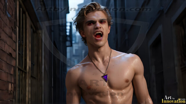 The Vampire Lestat de Lioncourt, created by Anne Rice, is a fascinating and complex character in The Vampire Chronicles novels. He's known for his captivating blend of vampiric existence and a lingering humanity. From Interview with a Vampire, The Vampire Lestat, and Queen of the Damned novels. I've created a series of images that I feel represent the man behind the vampire. In the midst of the darkness, a scary figure emerges with an aura of power and magnetism. Around his neck, a bold silver necklace glimmers, adding a touch of regal elegance to his dark ensemble. His lips, a vivid shade of red, open slightly to reveal his true nature, as he reveals his fangs, and a predatory grin from his stunningly handsome face, hinting at his primal nature. Strands of hair cascade around his face, capturing the silvery glow of the bright moonlight, and adding a touch of mystery to his intense visage, as they blow back in the wind.