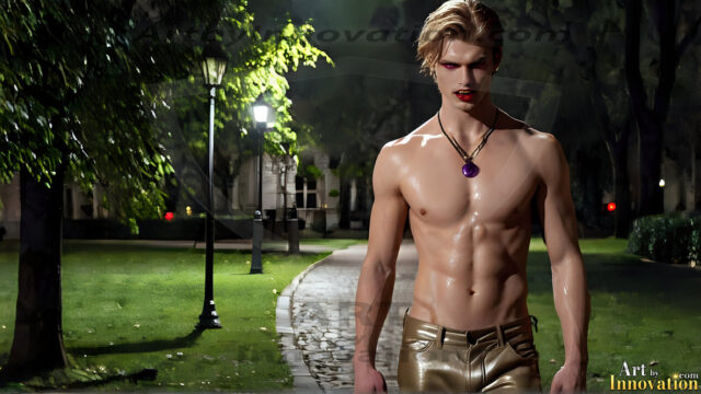 The Vampire Lestat de Lioncourt, created by Anne Rice, is a fascinating and complex character in The Vampire Chronicles novels. He's known for his captivating blend of vampiric existence and a lingering humanity. From Interview with a Vampire, The Vampire Lestat, and Queen of the Damned novels. I've created a series of images that I feel represent the man behind the vampire. In the midst of the darkness, a scary figure emerges with an aura of power and magnetism. Around his neck, a bold silver necklace glimmers, adding a touch of regal elegance to his dark ensemble. His lips, a vivid shade of red, open slightly to reveal his true nature, as he reveals his fangs, and a predatory grin from his stunningly handsome face, hinting at his primal nature. Strands of hair cascade around his face, capturing the silvery glow of the bright moonlight, and adding a touch of mystery to his intense visage, as they blow back in the wind.