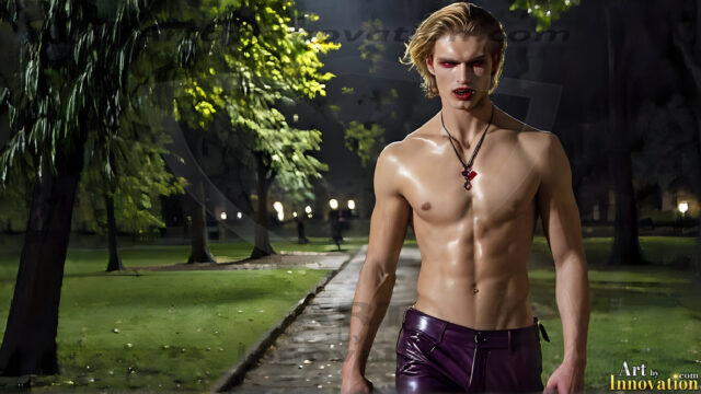 The Vampire Lestat de Lioncourt, created by Anne Rice, is a fascinating and complex character in The Vampire Chronicles novels. He's known for his captivating blend of vampiric existence and a lingering humanity. From Interview with a Vampire, The Vampire Lestat, and Queen of the Damned novels. I've created a series of images that I feel represent the man behind the vampire. In the midst of the darkness, a scary figure emerges with an aura of power and magnetism. Around his neck, a bold silver necklace glimmers, adding a touch of regal elegance to his dark ensemble. His lips, a vivid shade of red, open slightly to reveal his true nature, as he reveals his fangs, and a predatory grin from his stunningly handsome face, hinting at his primal nature. Strands of hair cascade around his face, capturing the silvery glow of the bright moonlight, and adding a touch of mystery to his intense visage, as they blow back in the wind.