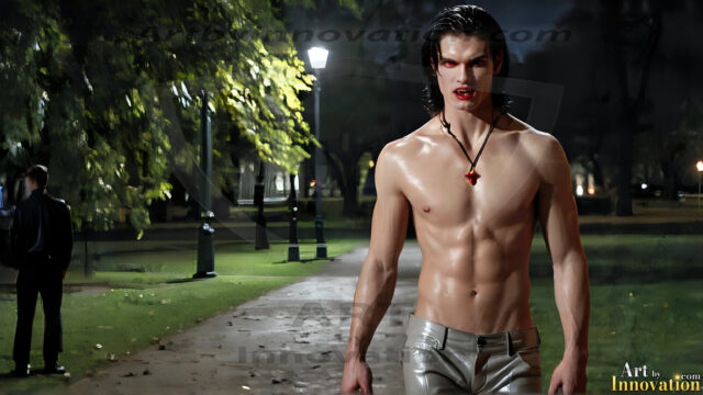 The Vampire Lestat de Lioncourt, created by Anne Rice, is a fascinating and complex character in The Vampire Chronicles novels. He's known for his captivating blend of vampiric existence and a lingering humanity. From Interview with a Vampire, The Vampire Lestat, and Queen of the Damned novels. I've created a series of images that I feel represent the man behind the vampire. In the midst of the darkness, a scary figure emerges with an aura of power and magnetism. Around his neck, a bold silver necklace glimmers, adding a touch of regal elegance to his dark ensemble. His lips, a vivid shade of red, open slightly to reveal his true nature, as he reveals his fangs, and a predatory grin from his stunningly handsome face, hinting at his primal nature. Strands of hair cascade around his face, capturing the silvery glow of the bright moonlight, and adding a touch of mystery to his intense visage, as they blow back in the wind.