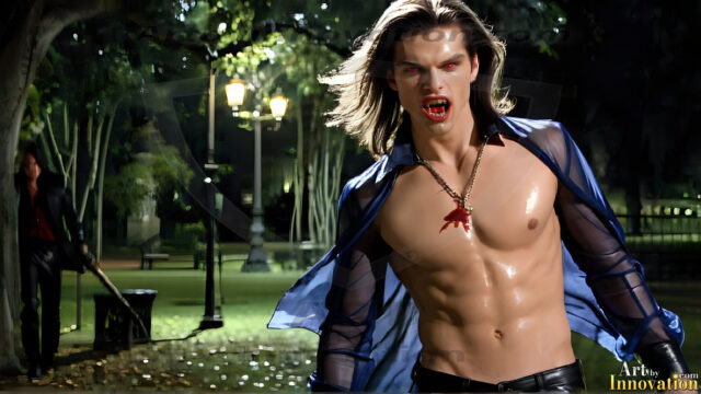 The Vampire Lestat de Lioncourt, created by Anne Rice, is a fascinating and complex character in The Vampire Chronicles novels. He's known for his captivating blend of vampiric existence and a lingering humanity. From Interview with a Vampire, The Vampire Lestat, and Queen of the Damned novels. I've created a series of images that I feel represent the man behind the vampire. In the midst of the darkness, a scary figure emerges with an aura of power and magnetism. Around his neck, a bold silver necklace glimmers, adding a touch of regal elegance to his dark ensemble. His lips, a vivid shade of red, open slightly to reveal his true nature, as he reveals his fangs, and a predatory grin from his stunningly handsome face, hinting at his primal nature. Strands of hair cascade around his face, capturing the silvery glow of the bright moonlight, and adding a touch of mystery to his intense visage, as they blow back in the wind.