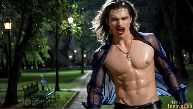 The Vampire Lestat de Lioncourt, created by Anne Rice, is a fascinating and complex character in The Vampire Chronicles novels. He's known for his captivating blend of vampiric existence and a lingering humanity. From Interview with a Vampire, The Vampire Lestat, and Queen of the Damned novels. I've created a series of images that I feel represent the man behind the vampire. In the midst of the darkness, a scary figure emerges with an aura of power and magnetism. Around his neck, a bold silver necklace glimmers, adding a touch of regal elegance to his dark ensemble. His lips, a vivid shade of red, open slightly to reveal his true nature, as he reveals his fangs, and a predatory grin from his stunningly handsome face, hinting at his primal nature. Strands of hair cascade around his face, capturing the silvery glow of the bright moonlight, and adding a touch of mystery to his intense visage, as they blow back in the wind.