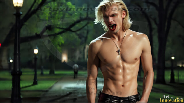 The Vampire Lestat de Lioncourt, created by Anne Rice, is a fascinating and complex character in The Vampire Chronicles novels. He's known for his captivating blend of vampiric existence and a lingering humanity. From Interview with a Vampire, The Vampire Lestat, and Queen of the Damned novels. I've created a series of images that I feel represent the man behind the vampire. In the midst of the darkness, a scary figure emerges with an aura of power and magnetism. Around his neck, a bold silver necklace glimmers, adding a touch of regal elegance to his dark ensemble. His lips, a vivid shade of red, open slightly to reveal his true nature, as he reveals his fangs, and a predatory grin from his stunningly handsome face, hinting at his primal nature. Strands of hair cascade around his face, capturing the silvery glow of the bright moonlight, and adding a touch of mystery to his intense visage, as they blow back in the wind.