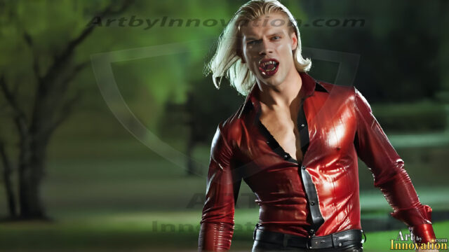 The Vampire Lestat de Lioncourt, created by Anne Rice, is a fascinating and complex character in The Vampire Chronicles novels. He's known for his captivating blend of vampiric existence and a lingering humanity. From Interview with a Vampire, The Vampire Lestat, and Queen of the Damned novels. I've created a series of images that I feel represent the man behind the vampire. In the midst of the darkness, a scary figure emerges with an aura of power and magnetism. Around his neck, a bold silver necklace glimmers, adding a touch of regal elegance to his dark ensemble. His lips, a vivid shade of red, open slightly to reveal his true nature, as he reveals his fangs, and a predatory grin from his stunningly handsome face, hinting at his primal nature. Strands of hair cascade around his face, capturing the silvery glow of the bright moonlight, and adding a touch of mystery to his intense visage, as they blow back in the wind.