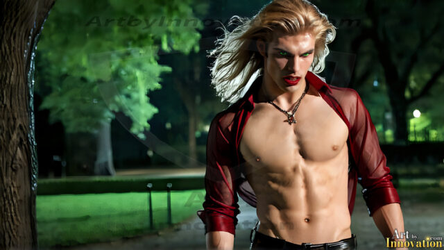 The Vampire Lestat de Lioncourt, created by Anne Rice, is a fascinating and complex character in The Vampire Chronicles novels. He's known for his captivating blend of vampiric existence and a lingering humanity. From Interview with a Vampire, The Vampire Lestat, and Queen of the Damned novels. I've created a series of images that I feel represent the man behind the vampire. In the midst of the darkness, a scary figure emerges with an aura of power and magnetism. Around his neck, a bold silver necklace glimmers, adding a touch of regal elegance to his dark ensemble. His lips, a vivid shade of red, open slightly to reveal his true nature, as he reveals his fangs, and a predatory grin from his stunningly handsome face, hinting at his primal nature. Strands of hair cascade around his face, capturing the silvery glow of the bright moonlight, and adding a touch of mystery to his intense visage, as they blow back in the wind.