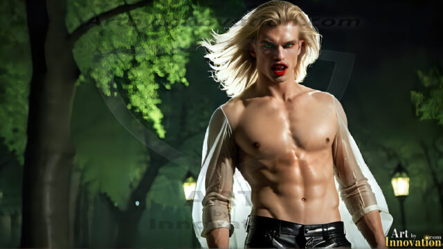 The Vampire Lestat de Lioncourt, created by Anne Rice, is a fascinating and complex character in The Vampire Chronicles novels. He's known for his captivating blend of vampiric existence and a lingering humanity. From Interview with a Vampire, The Vampire Lestat, and Queen of the Damned novels. I've created a series of images that I feel represent the man behind the vampire. In the midst of the darkness, a scary figure emerges with an aura of power and magnetism. Around his neck, a bold silver necklace glimmers, adding a touch of regal elegance to his dark ensemble. His lips, a vivid shade of red, open slightly to reveal his true nature, as he reveals his fangs, and a predatory grin from his stunningly handsome face, hinting at his primal nature. Strands of hair cascade around his face, capturing the silvery glow of the bright moonlight, and adding a touch of mystery to his intense visage, as they blow back in the wind.