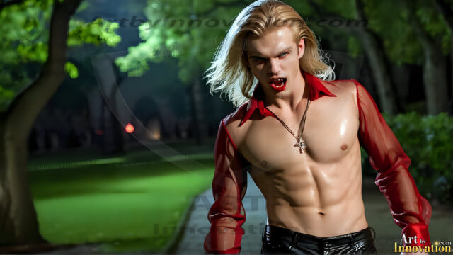 The Vampire Lestat de Lioncourt, created by Anne Rice, is a fascinating and complex character in The Vampire Chronicles novels. He's known for his captivating blend of vampiric existence and a lingering humanity. From Interview with a Vampire, The Vampire Lestat, and Queen of the Damned novels. I've created a series of images that I feel represent the man behind the vampire. In the midst of the darkness, a scary figure emerges with an aura of power and magnetism. Around his neck, a bold silver necklace glimmers, adding a touch of regal elegance to his dark ensemble. His lips, a vivid shade of red, open slightly to reveal his true nature, as he reveals his fangs, and a predatory grin from his stunningly handsome face, hinting at his primal nature. Strands of hair cascade around his face, capturing the silvery glow of the bright moonlight, and adding a touch of mystery to his intense visage, as they blow back in the wind.