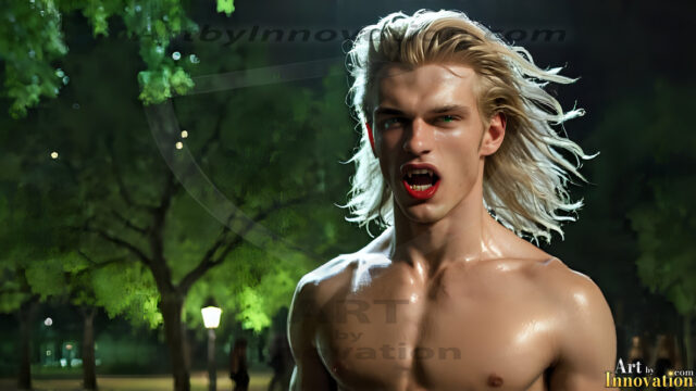 The Vampire Lestat de Lioncourt, created by Anne Rice, is a fascinating and complex character in The Vampire Chronicles novels. He's known for his captivating blend of vampiric existence and a lingering humanity. From Interview with a Vampire, The Vampire Lestat, and Queen of the Damned novels. I've created a series of images that I feel represent the man behind the vampire. In the midst of the darkness, a scary figure emerges with an aura of power and magnetism. Around his neck, a bold silver necklace glimmers, adding a touch of regal elegance to his dark ensemble. His lips, a vivid shade of red, open slightly to reveal his true nature, as he reveals his fangs, and a predatory grin from his stunningly handsome face, hinting at his primal nature. Strands of hair cascade around his face, capturing the silvery glow of the bright moonlight, and adding a touch of mystery to his intense visage, as they blow back in the wind.