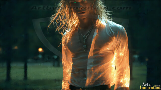 The Vampire Lestat de Lioncourt, created by Anne Rice, is a fascinating and complex character in The Vampire Chronicles novels. He's known for his captivating blend of vampiric existence and a lingering humanity. From Interview with a Vampire, The Vampire Lestat, and Queen of the Damned novels. I've created a series of images that I feel represent the man behind the vampire. In the midst of the darkness, a scary figure emerges with an aura of power and magnetism. Around his neck, a bold silver necklace glimmers, adding a touch of regal elegance to his dark ensemble. His lips, a vivid shade of red, open slightly to reveal his true nature, as he reveals his fangs, and a predatory grin from his stunningly handsome face, hinting at his primal nature. Strands of hair cascade around his face, capturing the silvery glow of the bright moonlight, and adding a touch of mystery to his intense visage, as they blow back in the wind.