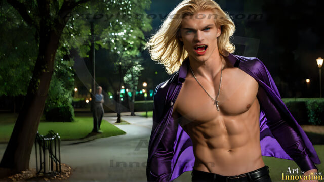 The Vampire Lestat de Lioncourt, created by Anne Rice, is a fascinating and complex character in The Vampire Chronicles novels. He's known for his captivating blend of vampiric existence and a lingering humanity. From Interview with a Vampire, The Vampire Lestat, and Queen of the Damned novels. I've created a series of images that I feel represent the man behind the vampire. In the midst of the darkness, a scary figure emerges with an aura of power and magnetism. Around his neck, a bold silver necklace glimmers, adding a touch of regal elegance to his dark ensemble. His lips, a vivid shade of red, open slightly to reveal his true nature, as he reveals his fangs, and a predatory grin from his stunningly handsome face, hinting at his primal nature. Strands of hair cascade around his face, capturing the silvery glow of the bright moonlight, and adding a touch of mystery to his intense visage, as they blow back in the wind.