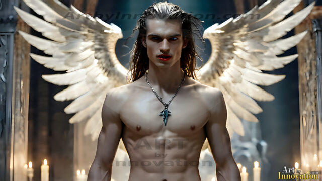 The Vampire Lestat de Lioncourt, created by Anne Rice, is a fascinating and complex character in The Vampire Chronicles novels. He's known for his captivating blend of vampiric existence and a lingering humanity. From Interview with a Vampire, The Vampire Lestat, and Queen of the Damned novels. I've created a series of images that I feel represent the man behind the vampire. In the midst of the darkness, a scary figure emerges with an aura of power and magnetism. Around his neck, a bold silver necklace glimmers, adding a touch of regal elegance to his dark ensemble. His lips, a vivid shade of red, open slightly to reveal his true nature, as he reveals his fangs, and a predatory grin from his stunningly handsome face, hinting at his primal nature. Strands of hair cascade around his face, capturing the silvery glow of the bright moonlight, and adding a touch of mystery to his intense visage, as they blow back in the wind.