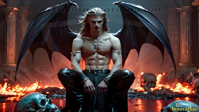 The Vampire Lestat de Lioncourt, created by Anne Rice, is a fascinating and complex character in The Vampire Chronicles novels. He's known for his captivating blend of vampiric existence and a lingering humanity. From Interview with a Vampire, The Vampire Lestat, and Queen of the Damned novels. I've created a series of images that I feel represent the man behind the vampire. In the midst of the darkness, a scary figure emerges with an aura of power and magnetism. Around his neck, a bold silver necklace glimmers, adding a touch of regal elegance to his dark ensemble. His lips, a vivid shade of red, open slightly to reveal his true nature, as he reveals his fangs, and a predatory grin from his stunningly handsome face, hinting at his primal nature. Strands of hair cascade around his face, capturing the silvery glow of the bright moonlight, and adding a touch of mystery to his intense visage, as they blow back in the wind.