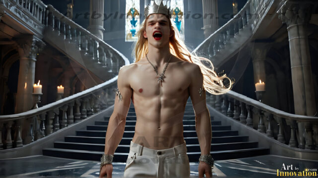 The Vampire Lestat de Lioncourt, created by Anne Rice, is a fascinating and complex character in The Vampire Chronicles novels. He's known for his captivating blend of vampiric existence and a lingering humanity. From Interview with a Vampire, The Vampire Lestat, and Queen of the Damned novels. I've created a series of images that I feel represent the man behind the vampire. In the midst of the darkness, a scary figure emerges with an aura of power and magnetism. Around his neck, a bold silver necklace glimmers, adding a touch of regal elegance to his dark ensemble. His lips, a vivid shade of red, open slightly to reveal his true nature, as he reveals his fangs, and a predatory grin from his stunningly handsome face, hinting at his primal nature. Strands of hair cascade around his face, capturing the silvery glow of the bright moonlight, and adding a touch of mystery to his intense visage, as they blow back in the wind.