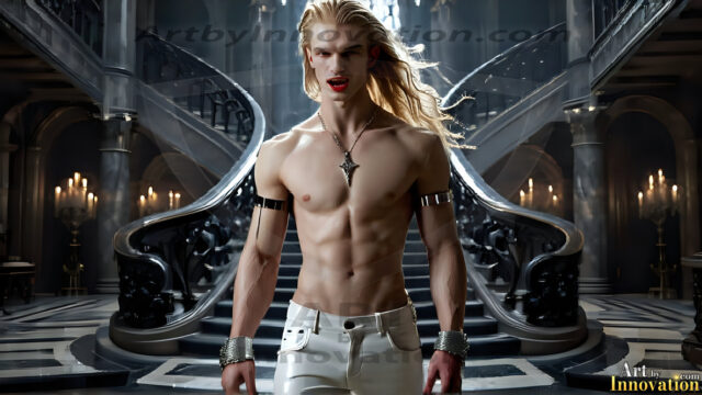 The Vampire Lestat de Lioncourt, created by Anne Rice, is a fascinating and complex character in The Vampire Chronicles novels. He's known for his captivating blend of vampiric existence and a lingering humanity. From Interview with a Vampire, The Vampire Lestat, and Queen of the Damned novels. I've created a series of images that I feel represent the man behind the vampire. In the midst of the darkness, a scary figure emerges with an aura of power and magnetism. Around his neck, a bold silver necklace glimmers, adding a touch of regal elegance to his dark ensemble. His lips, a vivid shade of red, open slightly to reveal his true nature, as he reveals his fangs, and a predatory grin from his stunningly handsome face, hinting at his primal nature. Strands of hair cascade around his face, capturing the silvery glow of the bright moonlight, and adding a touch of mystery to his intense visage, as they blow back in the wind.