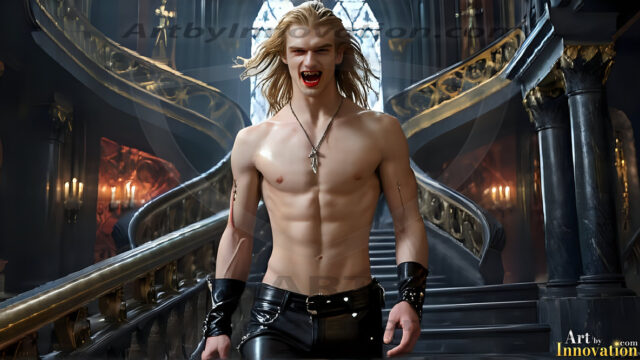 The Vampire Lestat de Lioncourt, created by Anne Rice, is a fascinating and complex character in The Vampire Chronicles novels. He's known for his captivating blend of vampiric existence and a lingering humanity. From Interview with a Vampire, The Vampire Lestat, and Queen of the Damned novels. I've created a series of images that I feel represent the man behind the vampire. In the midst of the darkness, a scary figure emerges with an aura of power and magnetism. Around his neck, a bold silver necklace glimmers, adding a touch of regal elegance to his dark ensemble. His lips, a vivid shade of red, open slightly to reveal his true nature, as he reveals his fangs, and a predatory grin from his stunningly handsome face, hinting at his primal nature. Strands of hair cascade around his face, capturing the silvery glow of the bright moonlight, and adding a touch of mystery to his intense visage, as they blow back in the wind.