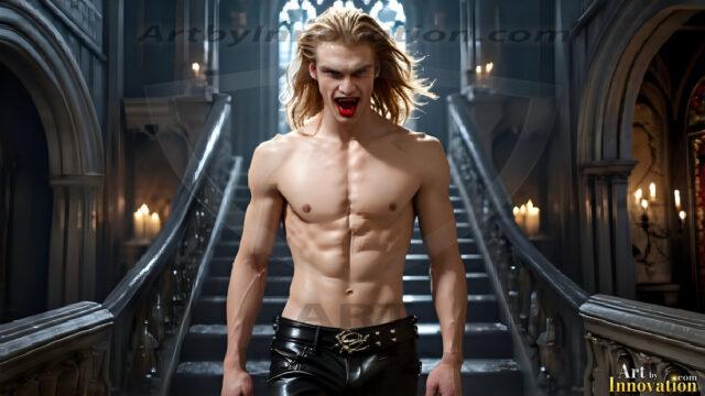 The Vampire Lestat de Lioncourt, created by Anne Rice, is a fascinating and complex character in The Vampire Chronicles novels. He's known for his captivating blend of vampiric existence and a lingering humanity. From Interview with a Vampire, The Vampire Lestat, and Queen of the Damned novels. I've created a series of images that I feel represent the man behind the vampire. In the midst of the darkness, a scary figure emerges with an aura of power and magnetism. Around his neck, a bold silver necklace glimmers, adding a touch of regal elegance to his dark ensemble. His lips, a vivid shade of red, open slightly to reveal his true nature, as he reveals his fangs, and a predatory grin from his stunningly handsome face, hinting at his primal nature. Strands of hair cascade around his face, capturing the silvery glow of the bright moonlight, and adding a touch of mystery to his intense visage, as they blow back in the wind.