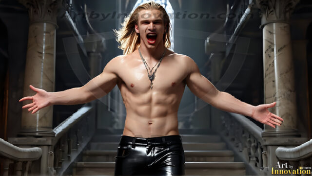 The Vampire Lestat de Lioncourt, created by Anne Rice, is a fascinating and complex character in The Vampire Chronicles novels. He's known for his captivating blend of vampiric existence and a lingering humanity. From Interview with a Vampire, The Vampire Lestat, and Queen of the Damned novels. I've created a series of images that I feel represent the man behind the vampire. In the midst of the darkness, a scary figure emerges with an aura of power and magnetism. Around his neck, a bold silver necklace glimmers, adding a touch of regal elegance to his dark ensemble. His lips, a vivid shade of red, open slightly to reveal his true nature, as he reveals his fangs, and a predatory grin from his stunningly handsome face, hinting at his primal nature. Strands of hair cascade around his face, capturing the silvery glow of the bright moonlight, and adding a touch of mystery to his intense visage, as they blow back in the wind.