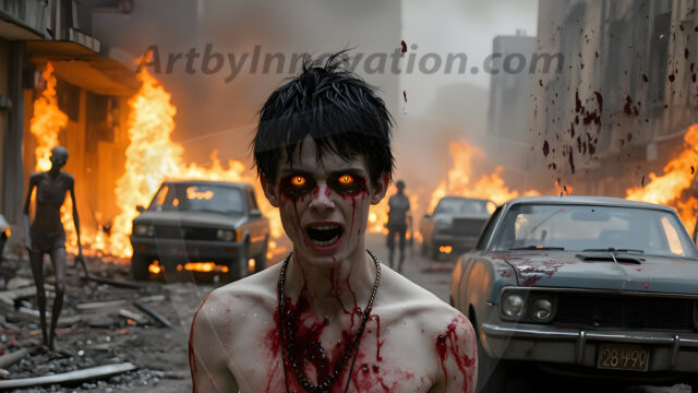 Twinkapocalypse, When Young Male Zombie Twinks, Attack. It's a zombie apocalypse, where young, handsome, freshly turned zombies, still handsome, and even sexy, wonder the city streets, looking for brains to eat. There are cars on fire, trash everywhere, chaos is in the amidst. A young man, covered with blood, dirty, with messy hair, with pale grey skin, dark circles around his eyes, and black lips, walking down a main city street. In this post-apocalyptic city, doing the classic, zombie walk, his head slightly tilted, mouth slightly opened, moaning, brains.