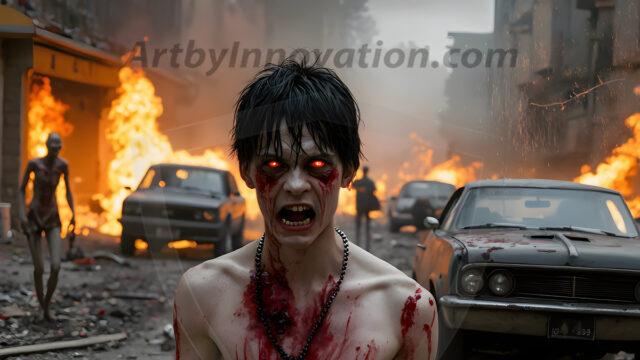 Twinkapocalypse, When Young Male Zombie Twinks, Attack. It's a zombie apocalypse, where young, handsome, freshly turned zombies, still handsome, and even sexy, wonder the city streets, looking for brains to eat. There are cars on fire, trash everywhere, chaos is in the amidst. A young man, covered with blood, dirty, with messy hair, with pale grey skin, dark circles around his eyes, and black lips, walking down a main city street. In this post-apocalyptic city, doing the classic, zombie walk, his head slightly tilted, mouth slightly opened, moaning, brains.