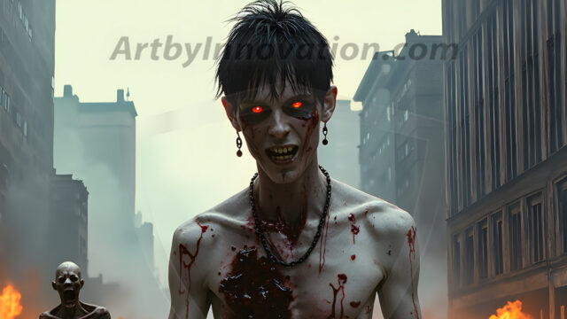 Twinkapocalypse, When Young Male Zombie Twinks, Attack. It's a zombie apocalypse, where young, handsome, freshly turned zombies, still handsome, and even sexy, wonder the city streets, looking for brains to eat. There are cars on fire, trash everywhere, chaos is in the amidst. A young man, covered with blood, dirty, with messy hair, with pale grey skin, dark circles around his eyes, and black lips, walking down a main city street. In this post-apocalyptic city, doing the classic, zombie walk, his head slightly tilted, mouth slightly opened, moaning, brains.