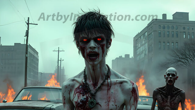 Twinkapocalypse, When Young Male Zombie Twinks, Attack. It's a zombie apocalypse, where young, handsome, freshly turned zombies, still handsome, and even sexy, wonder the city streets, looking for brains to eat. There are cars on fire, trash everywhere, chaos is in the amidst. A young man, covered with blood, dirty, with messy hair, with pale grey skin, dark circles around his eyes, and black lips, walking down a main city street. In this post-apocalyptic city, doing the classic, zombie walk, his head slightly tilted, mouth slightly opened, moaning, brains.