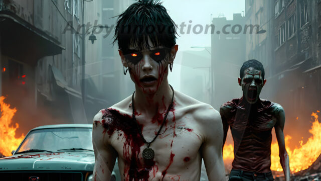 Twinkapocalypse, When Young Male Zombie Twinks, Attack. It's a zombie apocalypse, where young, handsome, freshly turned zombies, still handsome, and even sexy, wonder the city streets, looking for brains to eat. There are cars on fire, trash everywhere, chaos is in the amidst. A young man, covered with blood, dirty, with messy hair, with pale grey skin, dark circles around his eyes, and black lips, walking down a main city street. In this post-apocalyptic city, doing the classic, zombie walk, his head slightly tilted, mouth slightly opened, moaning, brains.