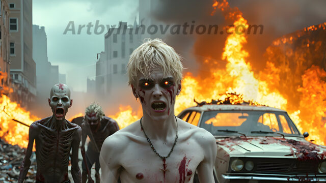 Twinkapocalypse, When Young Male Zombie Twinks, Attack. It's a zombie apocalypse, where young, handsome, freshly turned zombies, still handsome, and even sexy, wonder the city streets, looking for brains to eat. There are cars on fire, trash everywhere, chaos is in the amidst. A young man, covered with blood, dirty, with messy hair, with pale grey skin, dark circles around his eyes, and black lips, walking down a main city street. In this post-apocalyptic city, doing the classic, zombie walk, his head slightly tilted, mouth slightly opened, moaning, brains.