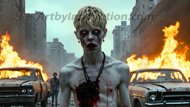 Twinkapocalypse, When Young Male Zombie Twinks, Attack. It's a zombie apocalypse, where young, handsome, freshly turned zombies, still handsome, and even sexy, wonder the city streets, looking for brains to eat. There are cars on fire, trash everywhere, chaos is in the amidst. A young man, covered with blood, dirty, with messy hair, with pale grey skin, dark circles around his eyes, and black lips, walking down a main city street. In this post-apocalyptic city, doing the classic, zombie walk, his head slightly tilted, mouth slightly opened, moaning, brains.