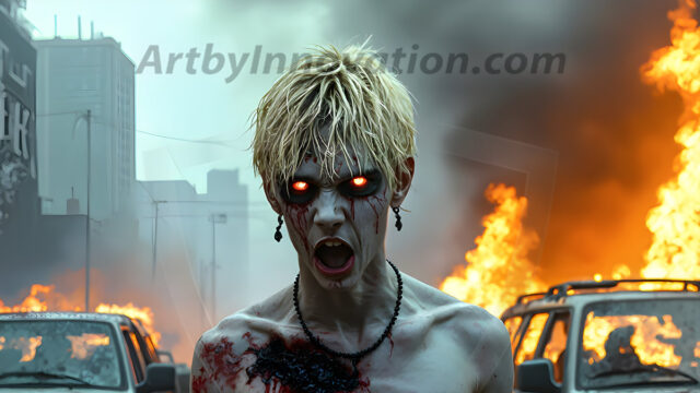 Twinkapocalypse, When Young Male Zombie Twinks, Attack. It's a zombie apocalypse, where young, handsome, freshly turned zombies, still handsome, and even sexy, wonder the city streets, looking for brains to eat. There are cars on fire, trash everywhere, chaos is in the amidst. A young man, covered with blood, dirty, with messy hair, with pale grey skin, dark circles around his eyes, and black lips, walking down a main city street. In this post-apocalyptic city, doing the classic, zombie walk, his head slightly tilted, mouth slightly opened, moaning, brains.