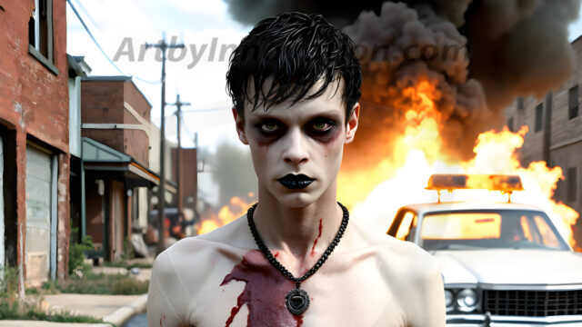 Twinkapocalypse, When Young Male Zombie Twinks, Attack. It's a zombie apocalypse, where young, handsome, freshly turned zombies, still handsome, and even sexy, wonder the city streets, looking for brains to eat. There are cars on fire, trash everywhere, chaos is in the amidst. A young man, covered with blood, dirty, with messy hair, with pale grey skin, dark circles around his eyes, and black lips, walking down a main city street. In this post-apocalyptic city, doing the classic, zombie walk, his head slightly tilted, mouth slightly opened, moaning, brains.