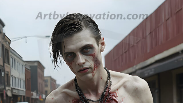 Twinkapocalypse, When Young Male Zombie Twinks, Attack. It's a zombie apocalypse, where young, handsome, freshly turned zombies, still handsome, and even sexy, wonder the city streets, looking for brains to eat. There are cars on fire, trash everywhere, chaos is in the amidst. A young man, covered with blood, dirty, with messy hair, with pale grey skin, dark circles around his eyes, and black lips, walking down a main city street. In this post-apocalyptic city, doing the classic, zombie walk, his head slightly tilted, mouth slightly opened, moaning, brains.