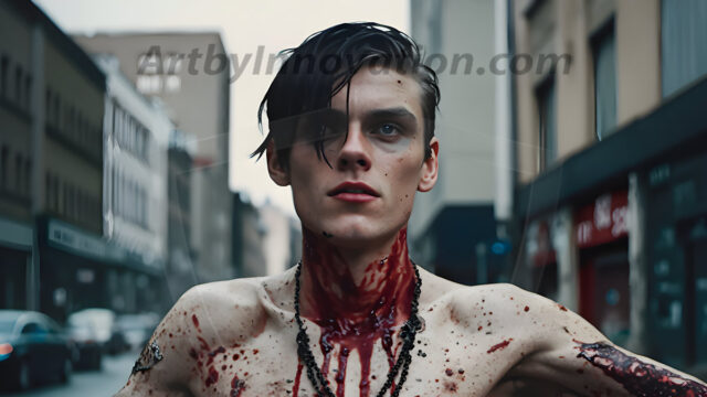 Twinkapocalypse, When Young Male Zombie Twinks, Attack. It's a zombie apocalypse, where young, handsome, freshly turned zombies, still handsome, and even sexy, wonder the city streets, looking for brains to eat. There are cars on fire, trash everywhere, chaos is in the amidst. A young man, covered with blood, dirty, with messy hair, with pale grey skin, dark circles around his eyes, and black lips, walking down a main city street. In this post-apocalyptic city, doing the classic, zombie walk, his head slightly tilted, mouth slightly opened, moaning, brains.