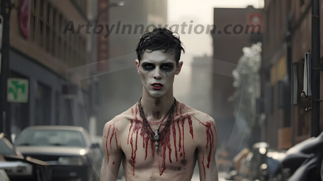 Twinkapocalypse, When Young Male Zombie Twinks, Attack. It's a zombie apocalypse, where young, handsome, freshly turned zombies, still handsome, and even sexy, wonder the city streets, looking for brains to eat. There are cars on fire, trash everywhere, chaos is in the amidst. A young man, covered with blood, dirty, with messy hair, with pale grey skin, dark circles around his eyes, and black lips, walking down a main city street. In this post-apocalyptic city, doing the classic, zombie walk, his head slightly tilted, mouth slightly opened, moaning, brains.