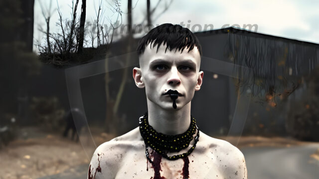 Twinkapocalypse, When Young Male Zombie Twinks, Attack. It's a zombie apocalypse, where young, handsome, freshly turned zombies, still handsome, and even sexy, wonder the city streets, looking for brains to eat. There are cars on fire, trash everywhere, chaos is in the amidst. A young man, covered with blood, dirty, with messy hair, with pale grey skin, dark circles around his eyes, and black lips, walking down a main city street. In this post-apocalyptic city, doing the classic, zombie walk, his head slightly tilted, mouth slightly opened, moaning, brains.