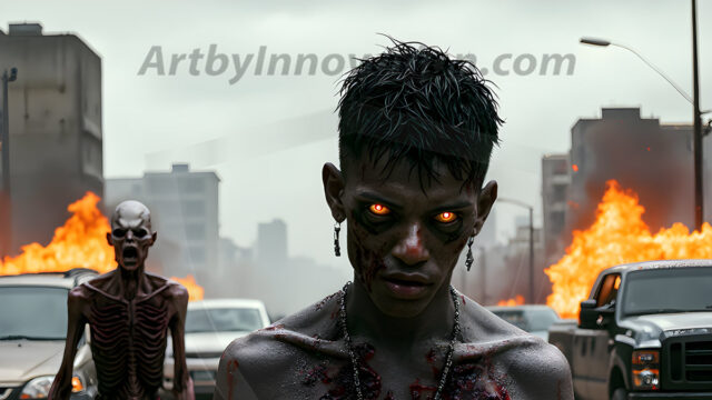 Twinkapocalypse, When Young Male Zombie Twinks, Attack. It's a zombie apocalypse, where young, handsome, freshly turned zombies, still handsome, and even sexy, wonder the city streets, looking for brains to eat. There are cars on fire, trash everywhere, chaos is in the amidst. A young man, covered with blood, dirty, with messy hair, with pale grey skin, dark circles around his eyes, and black lips, walking down a main city street. In this post-apocalyptic city, doing the classic, zombie walk, his head slightly tilted, mouth slightly opened, moaning, brains.