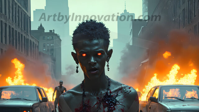 Twinkapocalypse, When Young Male Zombie Twinks, Attack. It's a zombie apocalypse, where young, handsome, freshly turned zombies, still handsome, and even sexy, wonder the city streets, looking for brains to eat. There are cars on fire, trash everywhere, chaos is in the amidst. A young man, covered with blood, dirty, with messy hair, with pale grey skin, dark circles around his eyes, and black lips, walking down a main city street. In this post-apocalyptic city, doing the classic, zombie walk, his head slightly tilted, mouth slightly opened, moaning, brains.