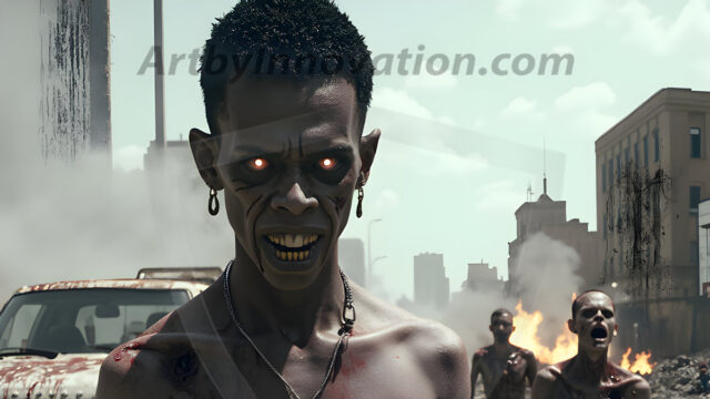 Twinkapocalypse, When Young Male Zombie Twinks, Attack. It's a zombie apocalypse, where young, handsome, freshly turned zombies, still handsome, and even sexy, wonder the city streets, looking for brains to eat. There are cars on fire, trash everywhere, chaos is in the amidst. A young man, covered with blood, dirty, with messy hair, with pale grey skin, dark circles around his eyes, and black lips, walking down a main city street. In this post-apocalyptic city, doing the classic, zombie walk, his head slightly tilted, mouth slightly opened, moaning, brains.